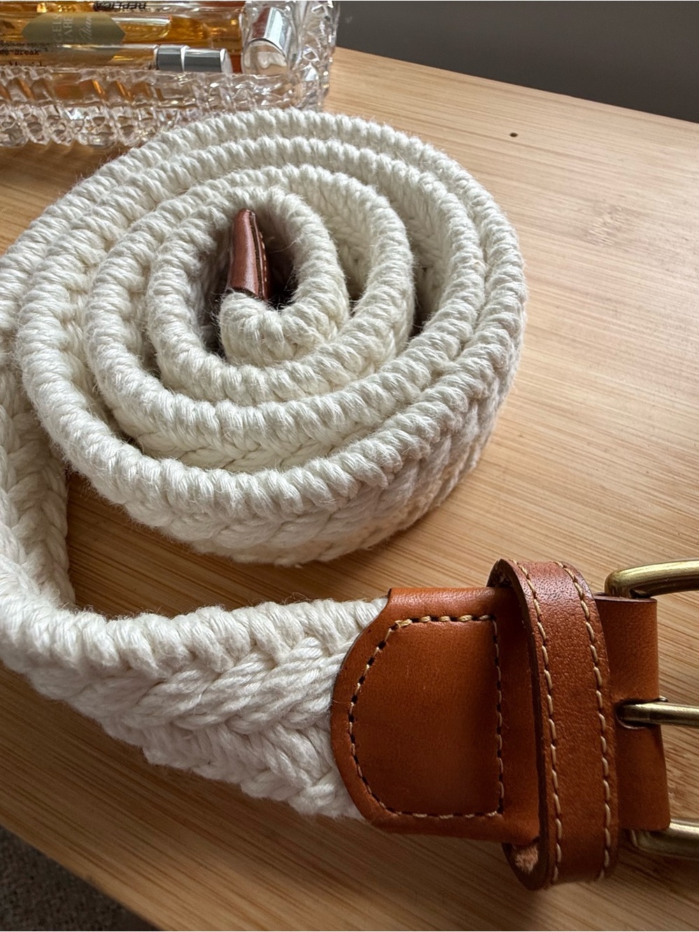 L.L. Bean Cream Braided Rope Belt with Brown Leather Trim